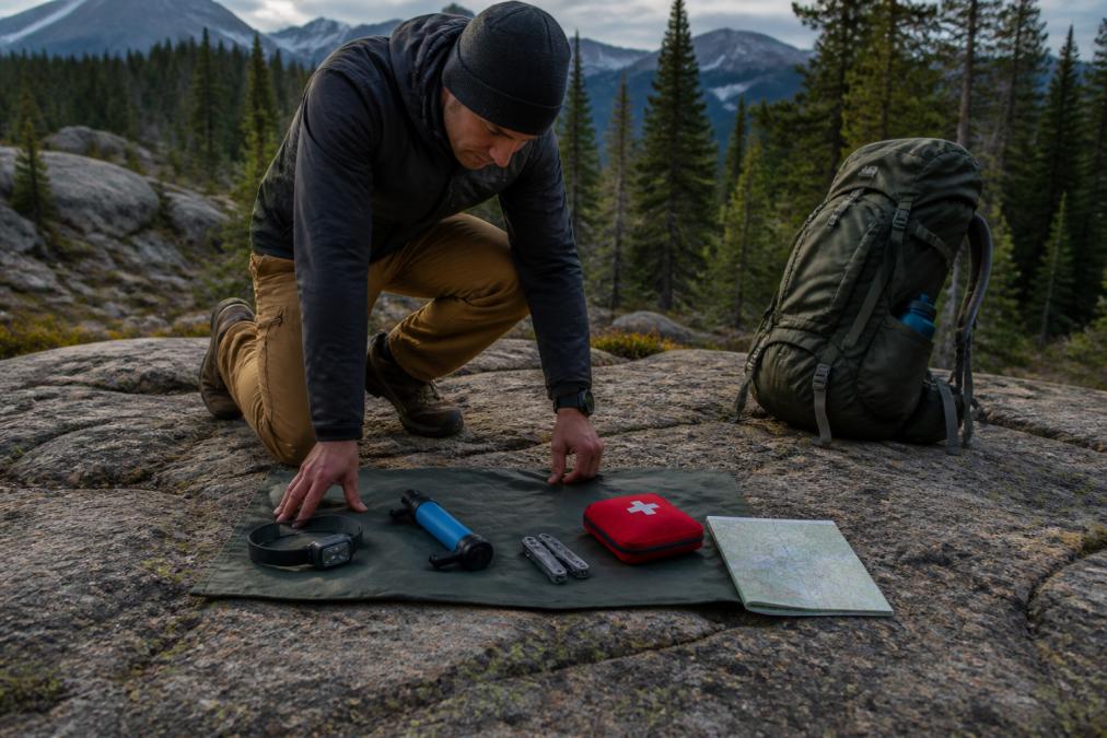 Hiker organizing essential camping gear on a boulder for off-grid trips in a remote alpine forest setting.