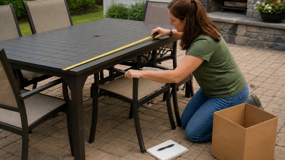 Step-by-step guide for measuring a rectangular outdoor dining table to ensure a proper fit for protective covers.