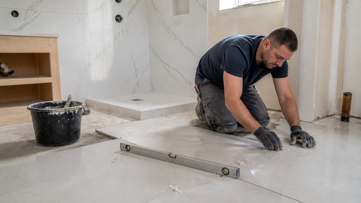 Tiler installing large-format high quality tile in a bathroom grid pattern
