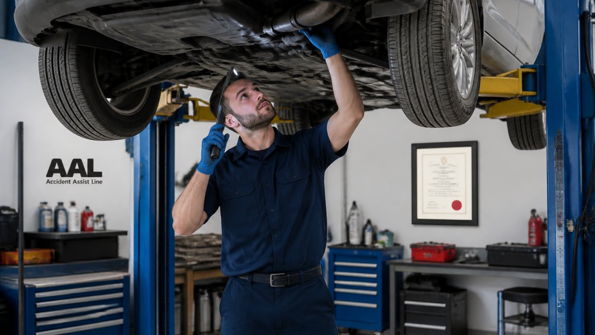 Mechanic in a navy uniform inspecting a sedan at a workshop for independent car repairers