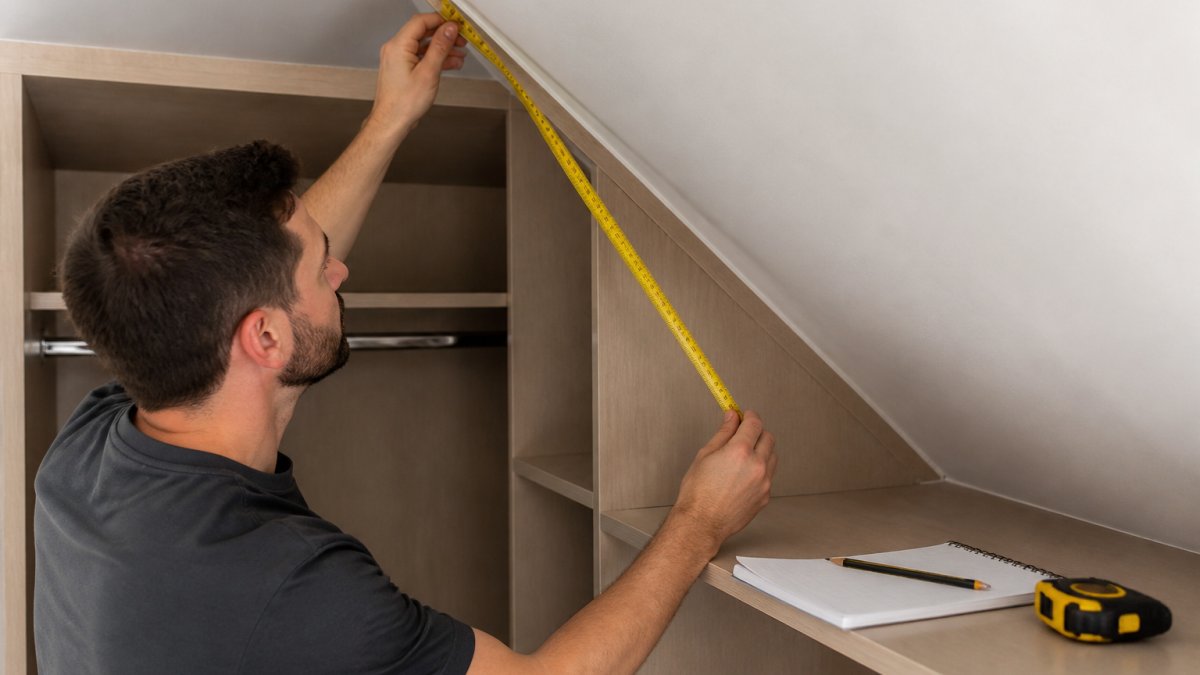 Person using a tape measure to take dimensions inside empty sloped wardrobes in a loft space