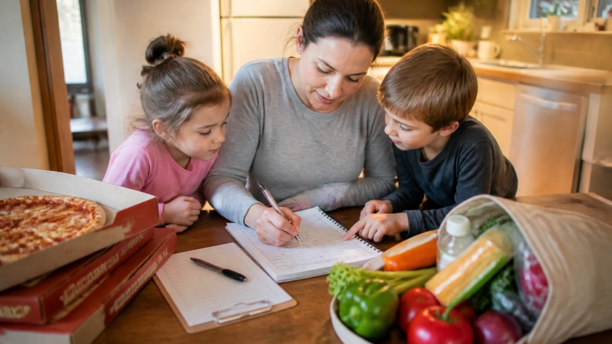 A parent and two young children at a kitchen table writing dinner ideas on a weekly meal plan notepad, with a grocery list and pen beside them, warm evening light