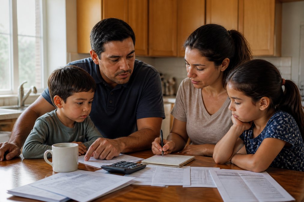 A family sitting together at a kitchen table reviewing financial documents with a calculator and notepad, warm afternoon light through the window