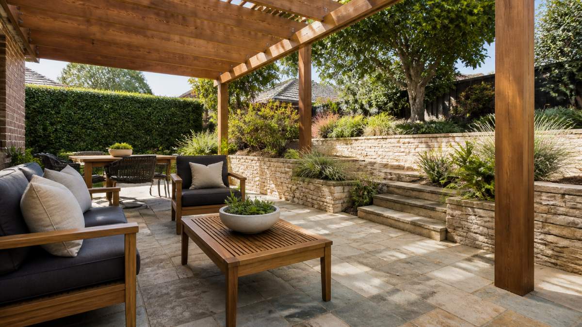 Infographic comparing durability and weather resistance of various outdoor living materials in a garden setting