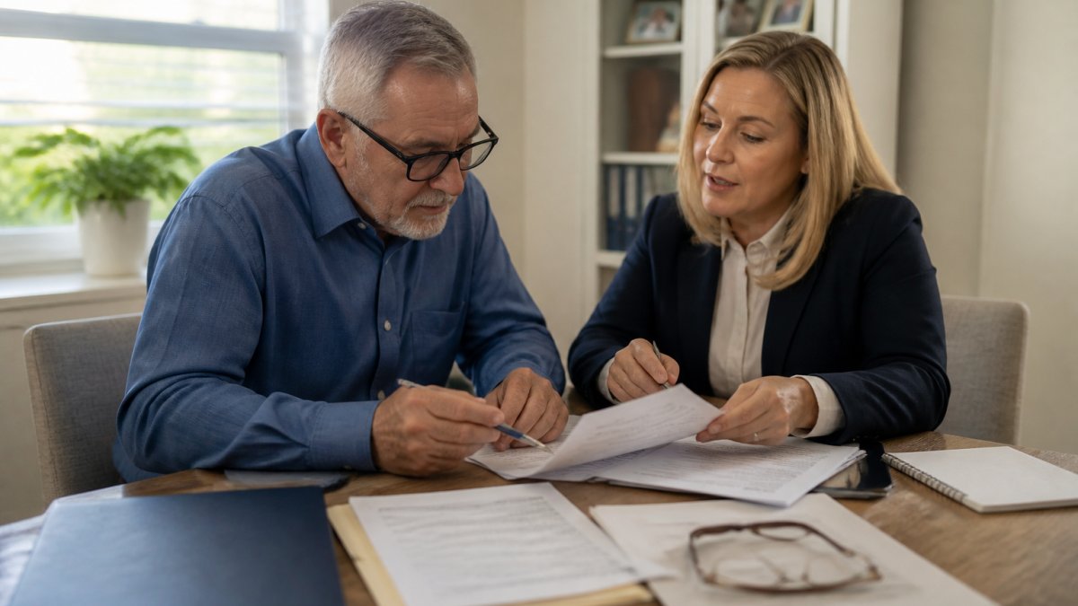Mature adult working with a healthcare advisor at a desk, reviewing Medicare plan documents and notes with glasses and medical records visible, natural office lighting