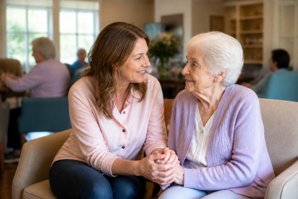 An adult daughter holding hands with her elderly mother, both smiling gently, in a bright and welcoming common area of a senior living community