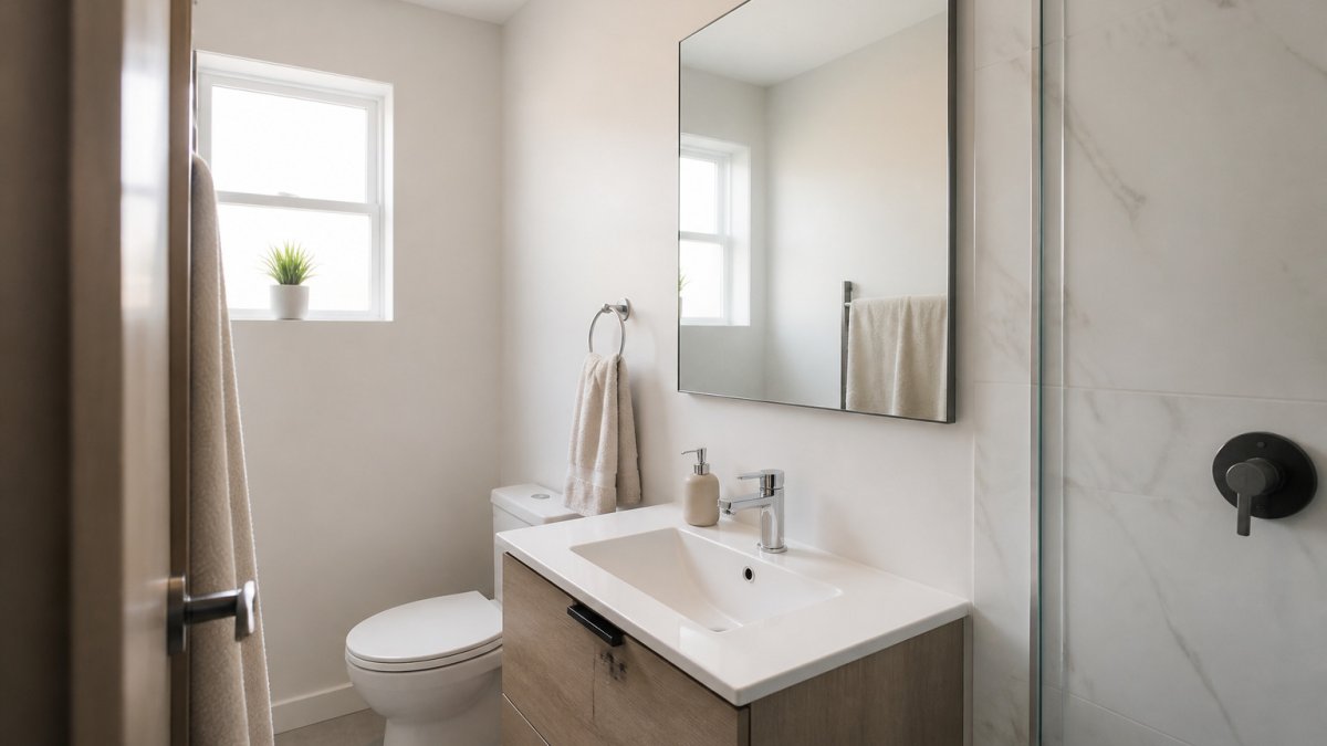 Rectangular wall-mounted mirror above a narrow vanity, perfect for choosing mirrors for small bathrooms.