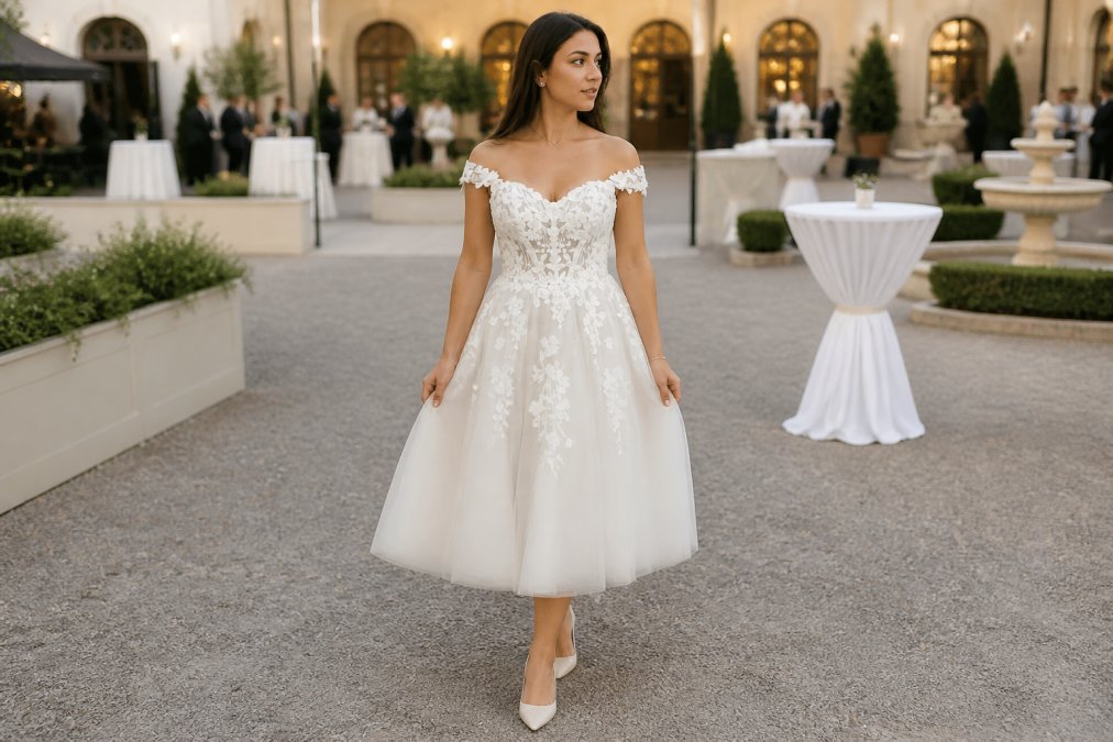 Woman wearing a flowing midi-length dress in neutral tones at a formal outdoor event, showing how the dress hits at the knee with elegant drapery and sophisticated styling