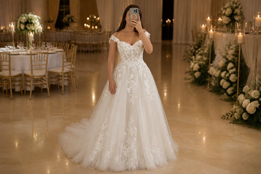 Woman styled in a polished modest formal outfit with a structured midi skirt, elegant top with cap sleeves, and accessorized with jewelry at a wedding reception setting with soft ambient lighting