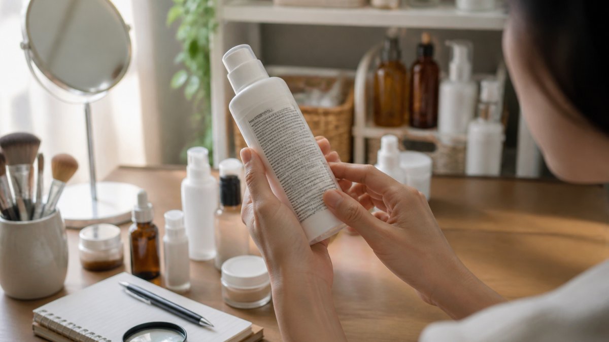 Close-up of hands holding a skincare product bottle, reading the ingredient list printed on the back label under natural daylight