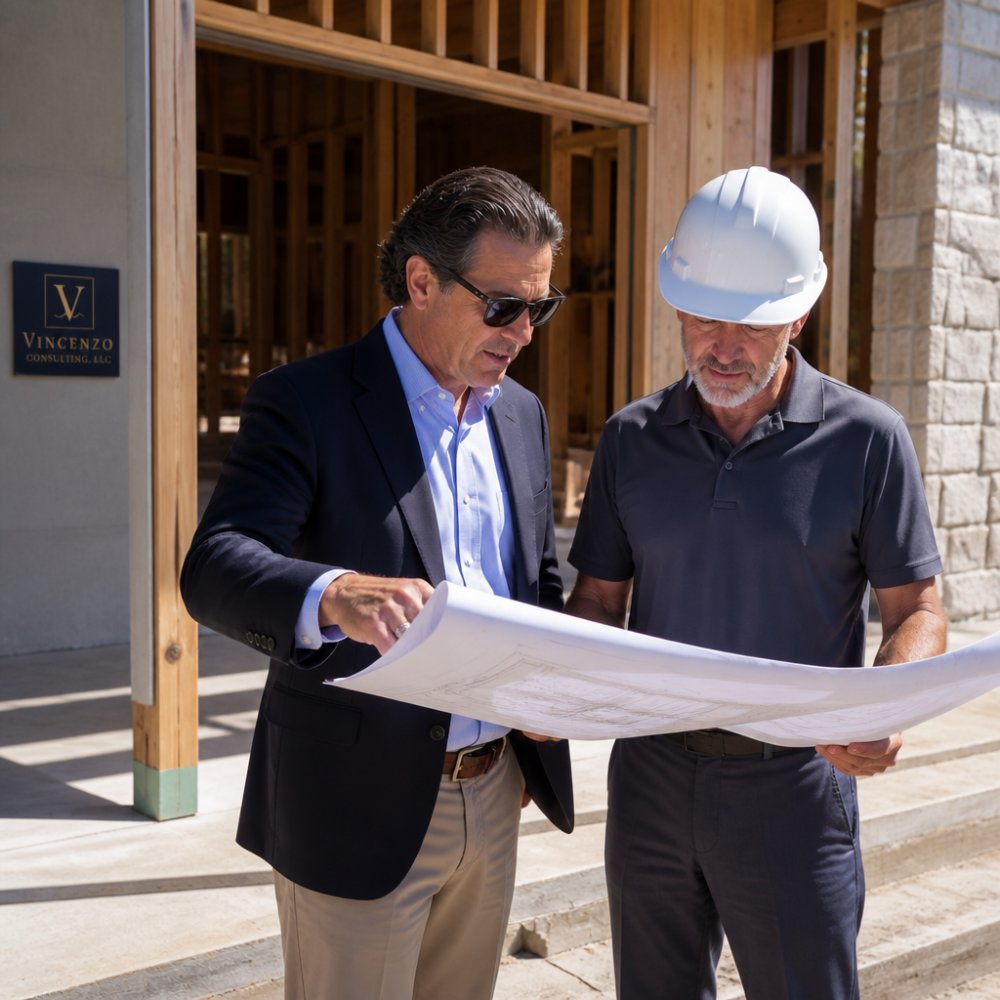 An owner's representative in business casual attire reviewing blueprints with a general contractor on the site of a high-end residential estate under construction, framing and architectural details visible in the background under natural daylight