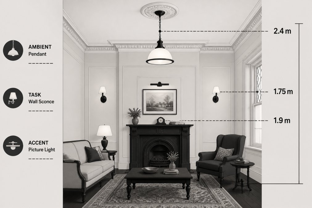 Diagram of a Federation living room showing three lighting layers: ambient pendant at 2.4 m ceiling drop, task wall sconces at 1.75 m, accent picture lights above a mantel at 1.9 m, with labels for each layer
