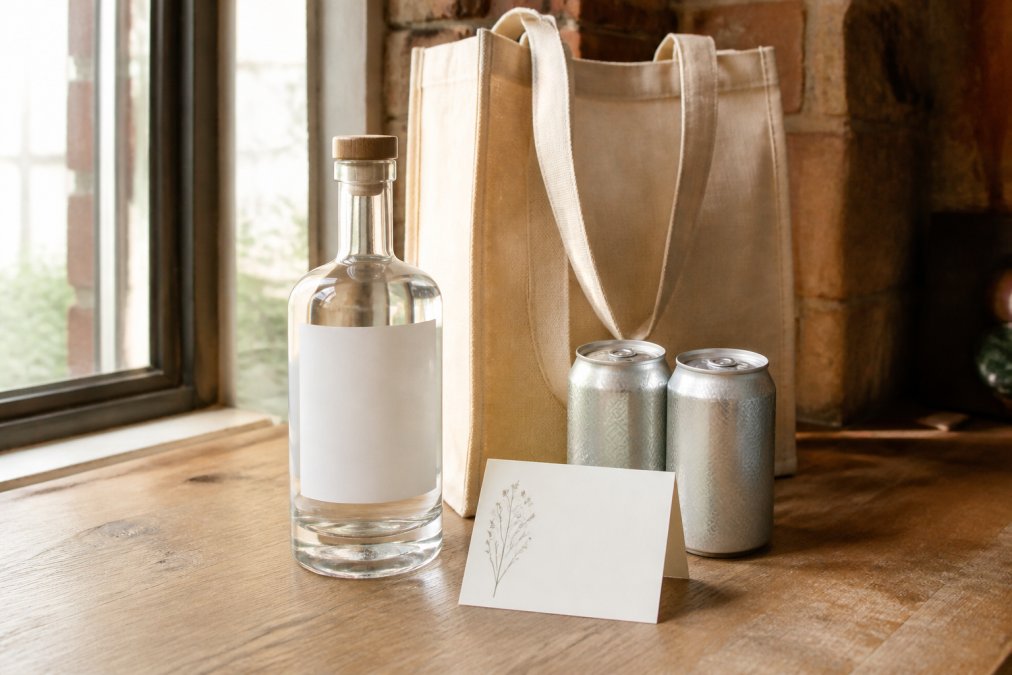 A minimalist gin bottle with a clean label sitting on a wooden table beside a tote bag, a greetings card and two small tonic cans, styled as a ready-to-give gift, soft natural window light