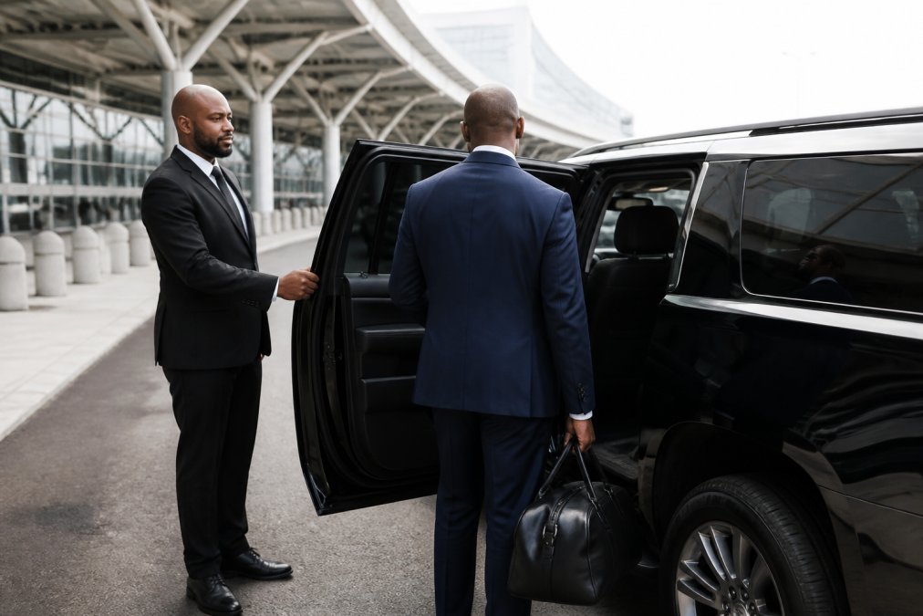 A professional chauffeur in a dark suit holding the rear door open for a business traveler beside a black luxury SUV outside an airport terminal