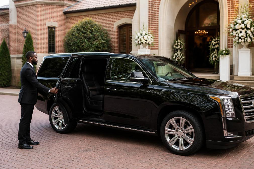 A black luxury SUV parked in front of an elegant Charlotte wedding venue, driver in a suit holding the rear door open, white floral arrangements visible near the entrance