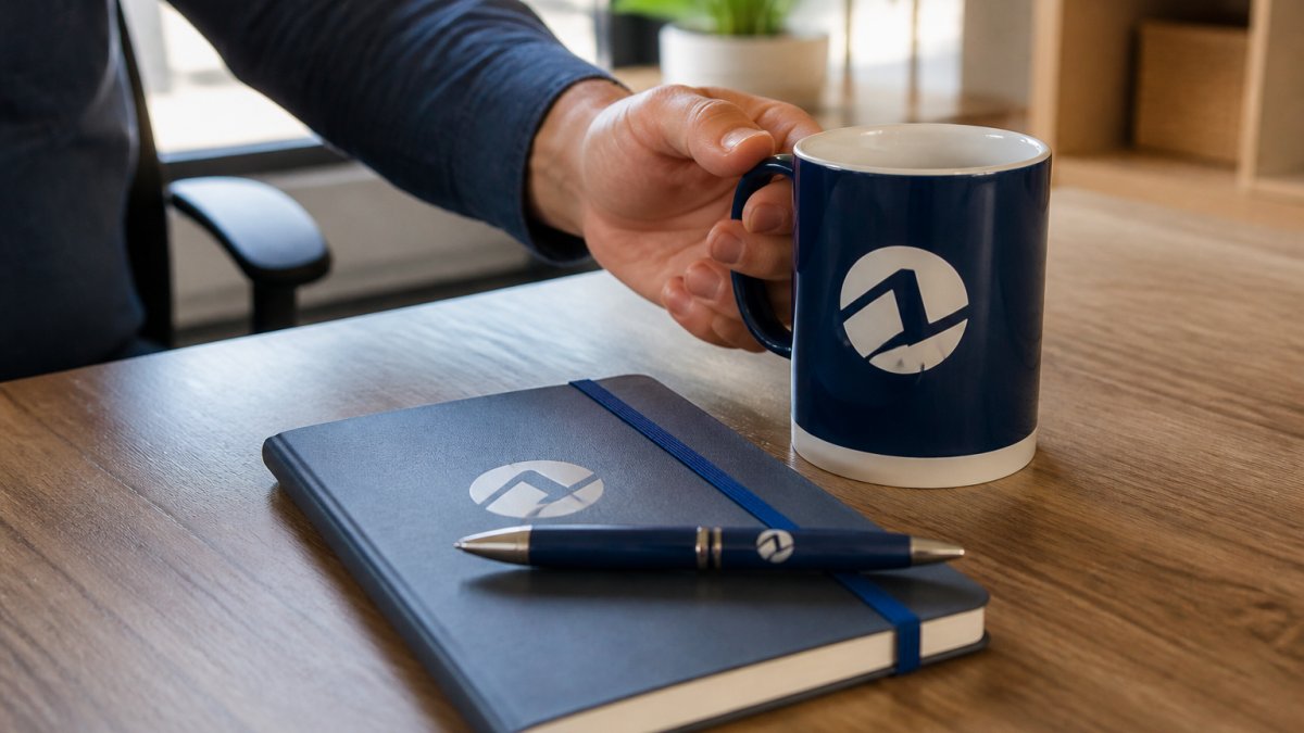 Hand reaching for a ceramic mug, notebook, and pen, which are popular promotional products on a bright office desk.