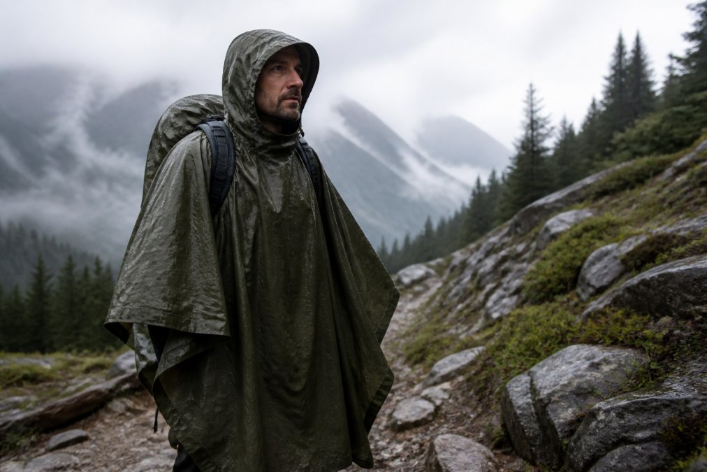 A hiker wearing an olive drab poncho standing on a misty mountain trail, rain dripping from the hood, backpack visible underneath
