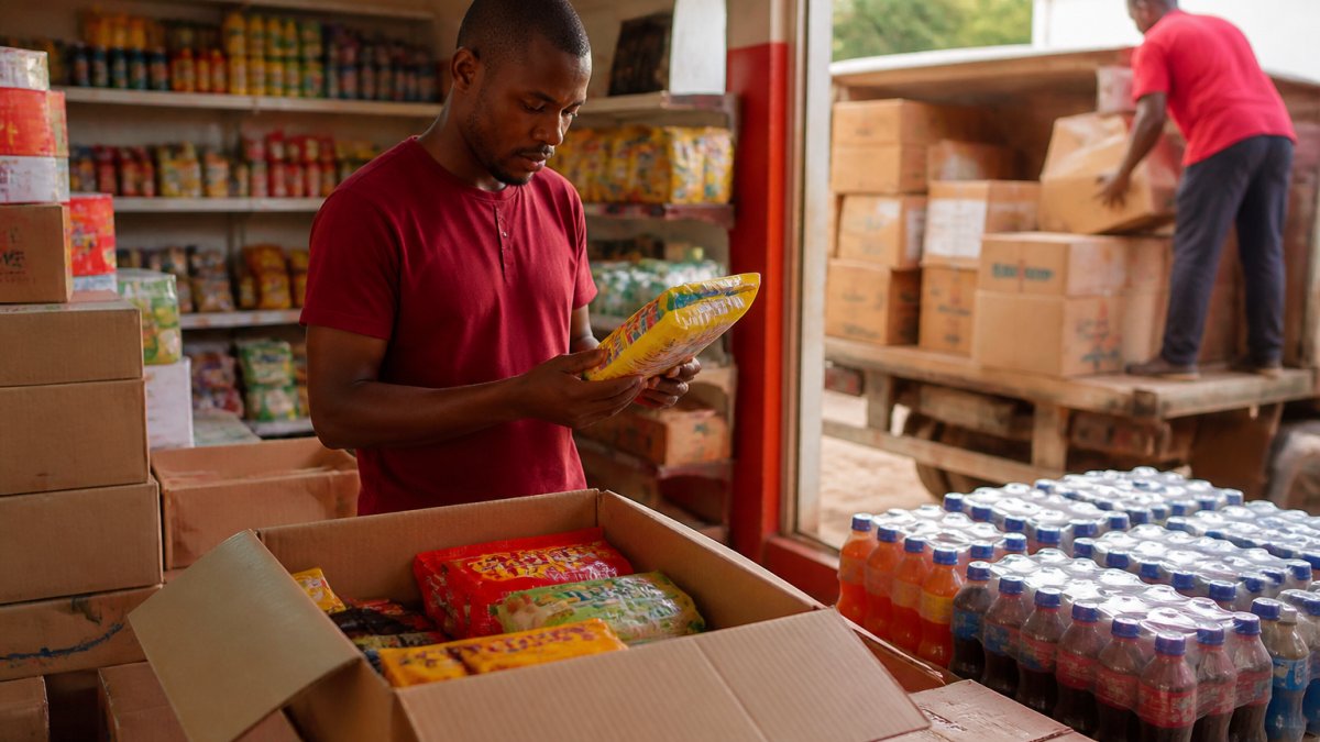 Shop owner inspecting stock from FMCG suppliers as a delivery worker unloads goods in a sunlit minimart.