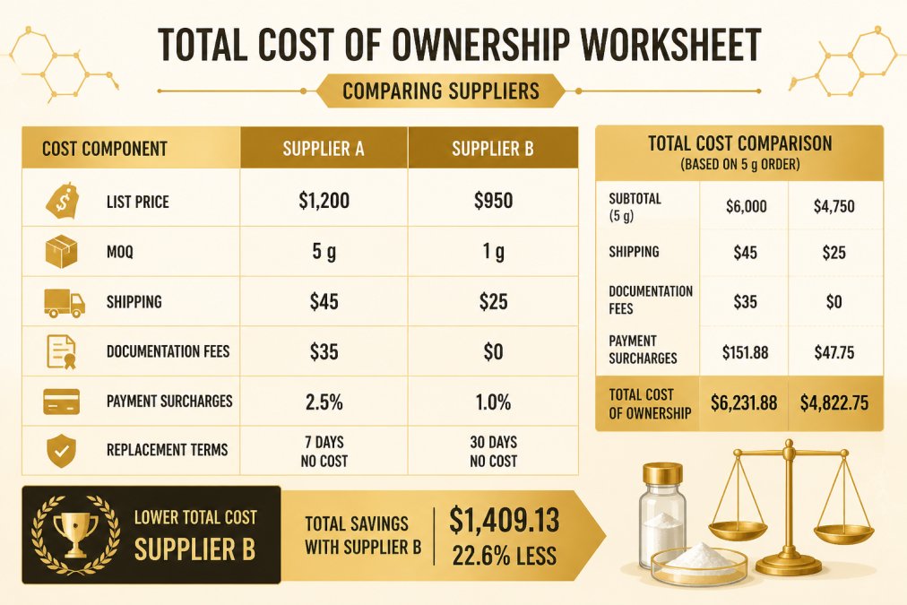 Choosing Reliable Research Compound Suppliers: A 2026 Guide Total cost of ownership worksheet comparing two suppliers across list price, MOQ, shipping, documentation fees, payment surcharges, and replacement terms