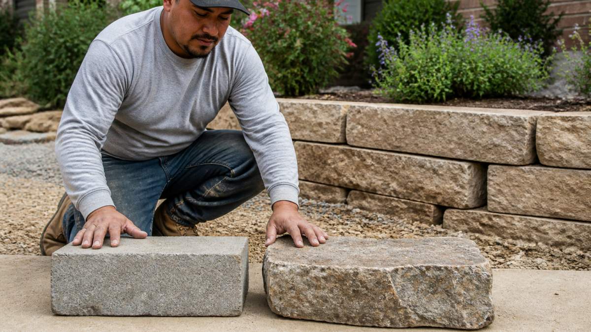 A landscaper in work clothes kneeling beside a partially built retaining wall, comparing a concrete block and a natural stone block in a residential yard with garden beds