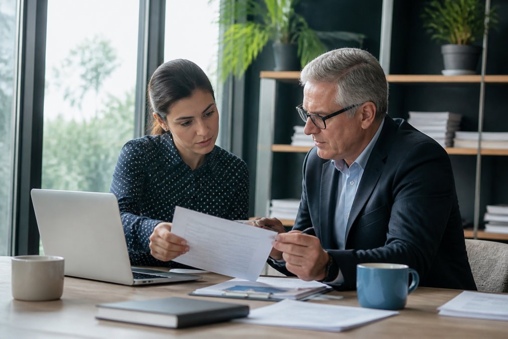 Small business owner and insurance agent reviewing a liability insurance policy at a sunny office desk