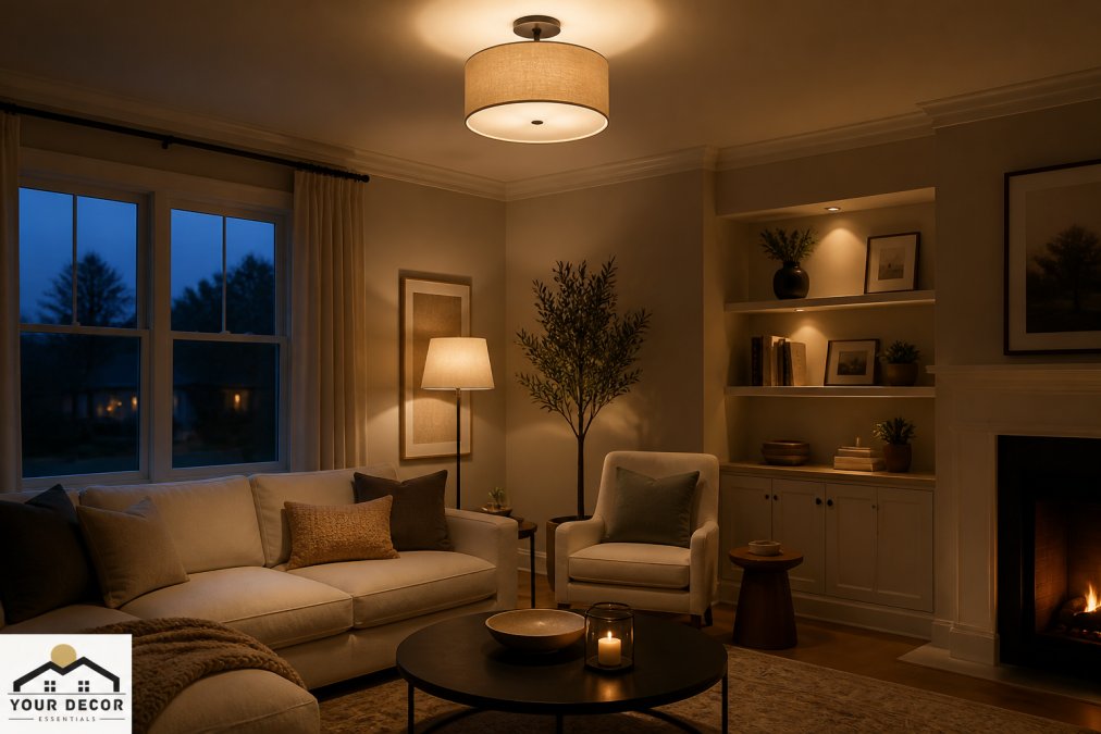 A warmly lit living room at dusk showing three distinct light sources: a ceiling fixture providing general light, a floor lamp beside a reading chair, and a small accent light highlighting a shelf or artwork