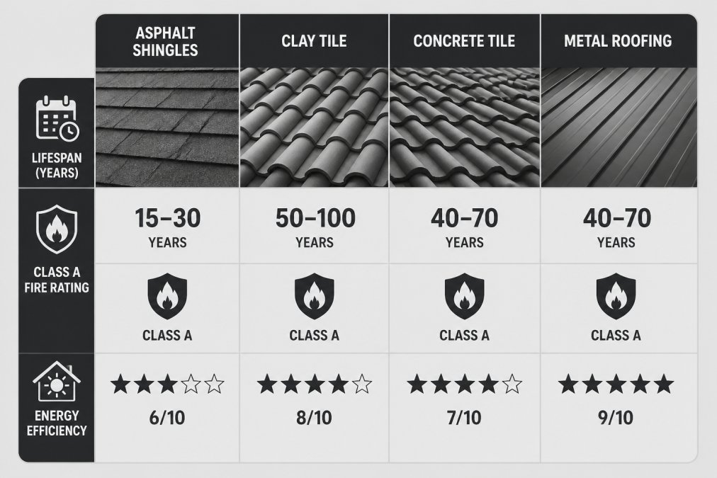Comparison matrix of four roofing materials across lifespan in years, Class A fire rating status, and relative energy efficiency scores