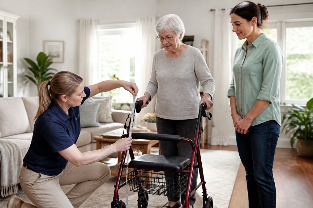A physical therapist measuring the handle height of a rollator for an older woman in a bright living room, with a caregiver watching nearby