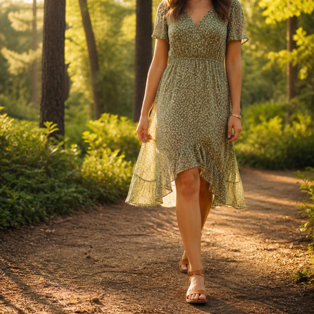High school senior posing in natural outdoor setting with trees, natural light filtering through foliage, wearing a coordinated outfit that complements the green landscape, standing on a natural path with soft shadows