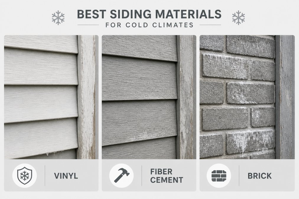 Close-up detail of three different siding material samples, vinyl, fiber cement, and brick, displayed side by side on a weathered exterior wall, showing distinct texture, color variation, and weather exposure patterns