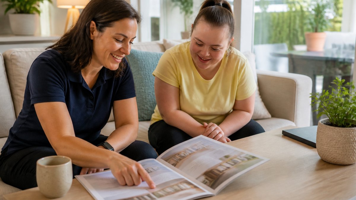 Professional support worker and NDIS participant reviewing accommodation options together in a bright, welcoming living space with natural lighting