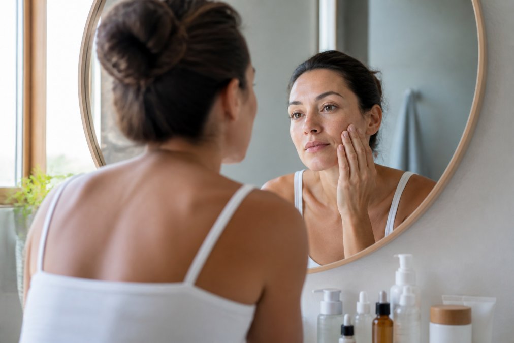 A woman in her thirties examining her bare face in a bathroom mirror with soft natural lighting, touching her cheek gently, skincare bottles visible on the counter beside her