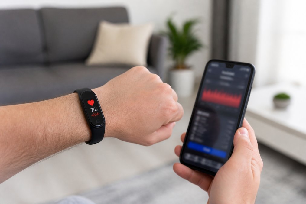 Close-up of a person's wrist wearing a modern fitness band with an OLED display showing heart rate, while they check the companion app on their smartphone in a bright living room