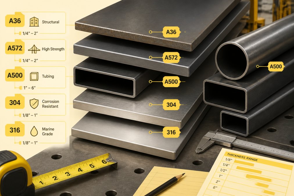Close-up of various steel plate and tubing samples stacked in a fabrication shop, showing different finishes and surface textures with color-coded labels and measurement tools nearby under bright workshop lighting