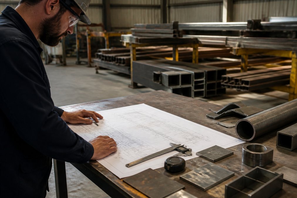 Fabrication shop worker reviewing detailed engineering drawings and steel specifications at a workbench with multiple steel samples, calipers, and measurement tools arranged nearby under overhead shop lighting