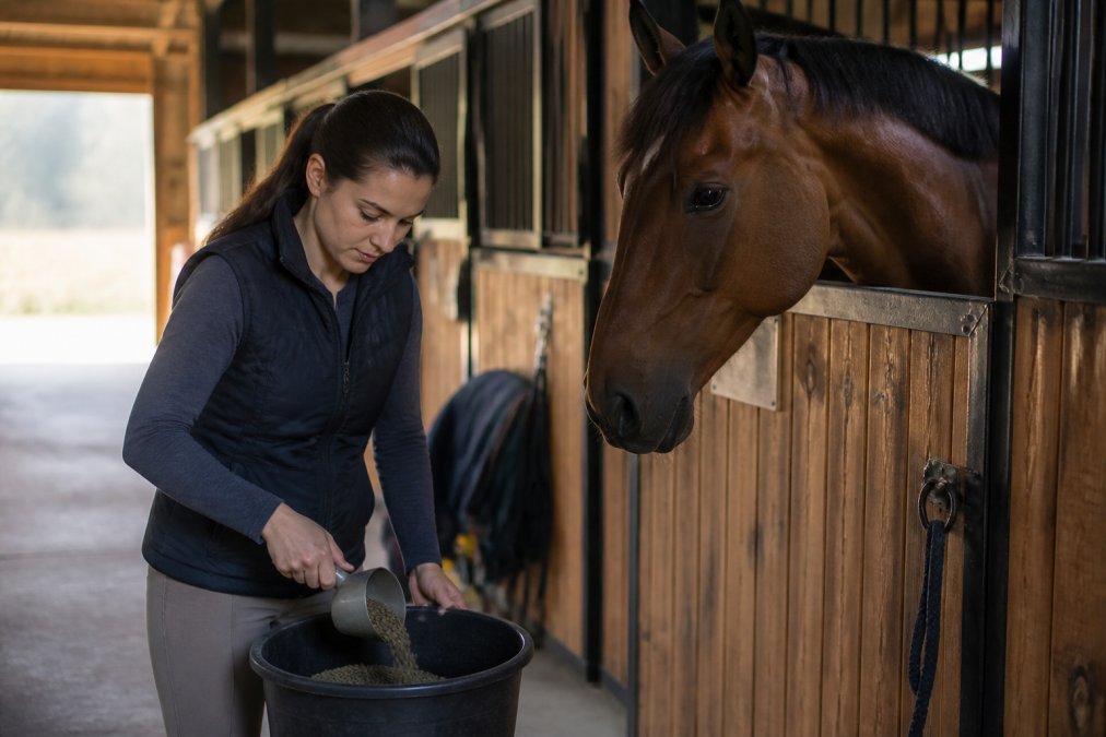 Owner mixing daily supplements into a feed bucket to support horse vitality in a sunlit barn aisle