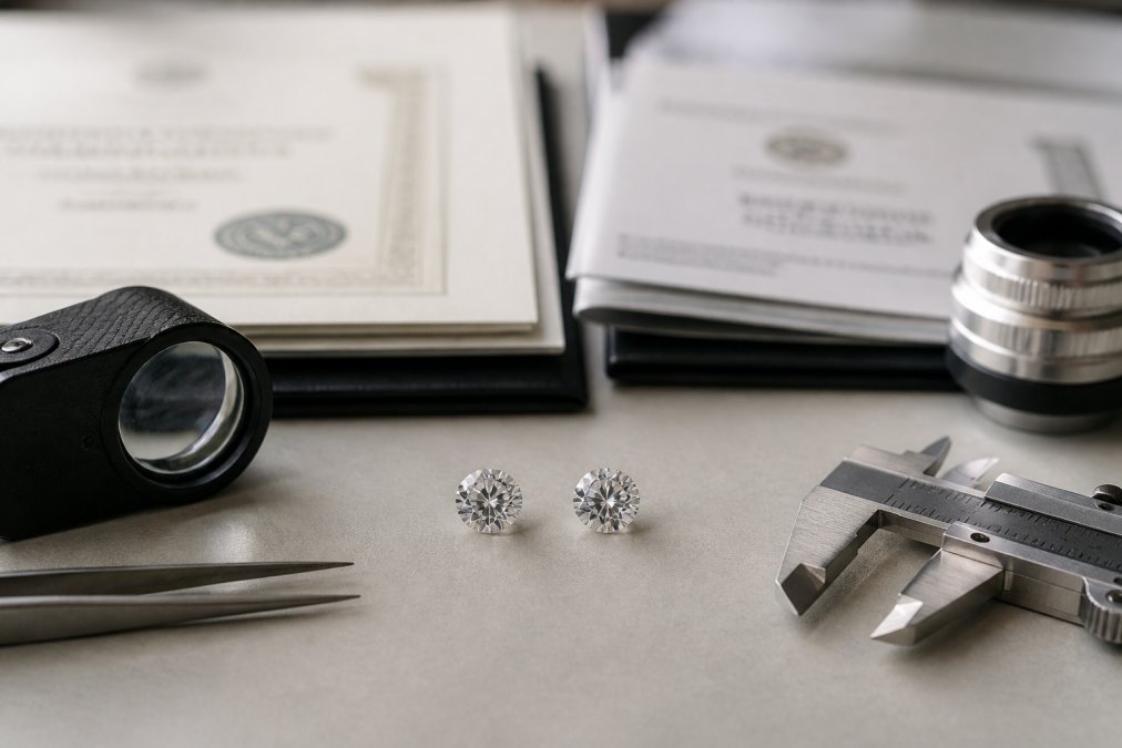 Close-up of a lab-grown diamond and a mined diamond side by side on a jeweller's workbench, with magnification tools, certification documents, and measurement instruments visible under professional lighting