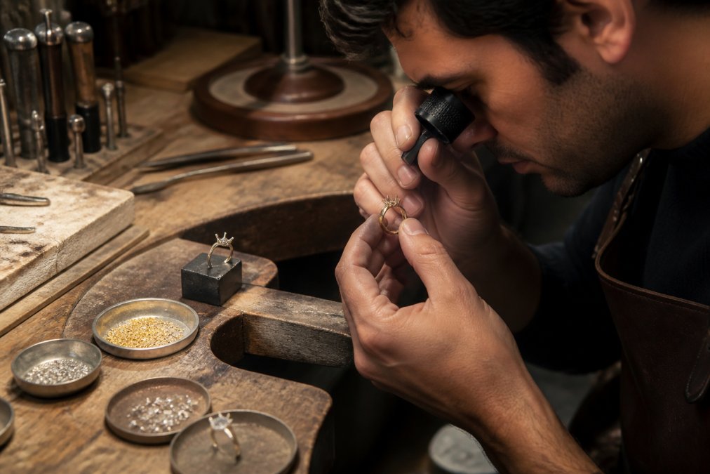 Artisan jeweller working with recycled gold and precious metals at a polished workbench, examining materials through a loupe and carefully crafting a bespoke piece under warm studio lighting