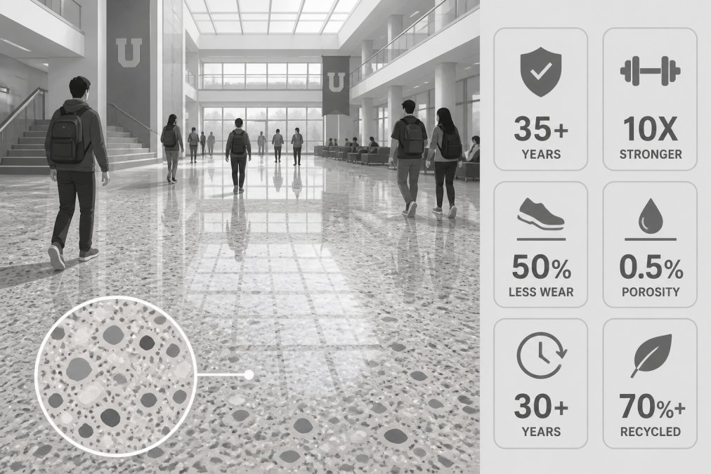 Wide shot of a polished terrazzo floor in a bright university lobby with students walking across it, the seamless surface reflecting overhead skylights and showing deep aggregate detail under natural light