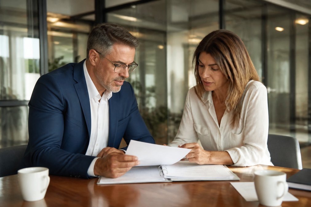 Business owner and commercial insurance broker reviewing policy documents at a bright office desk