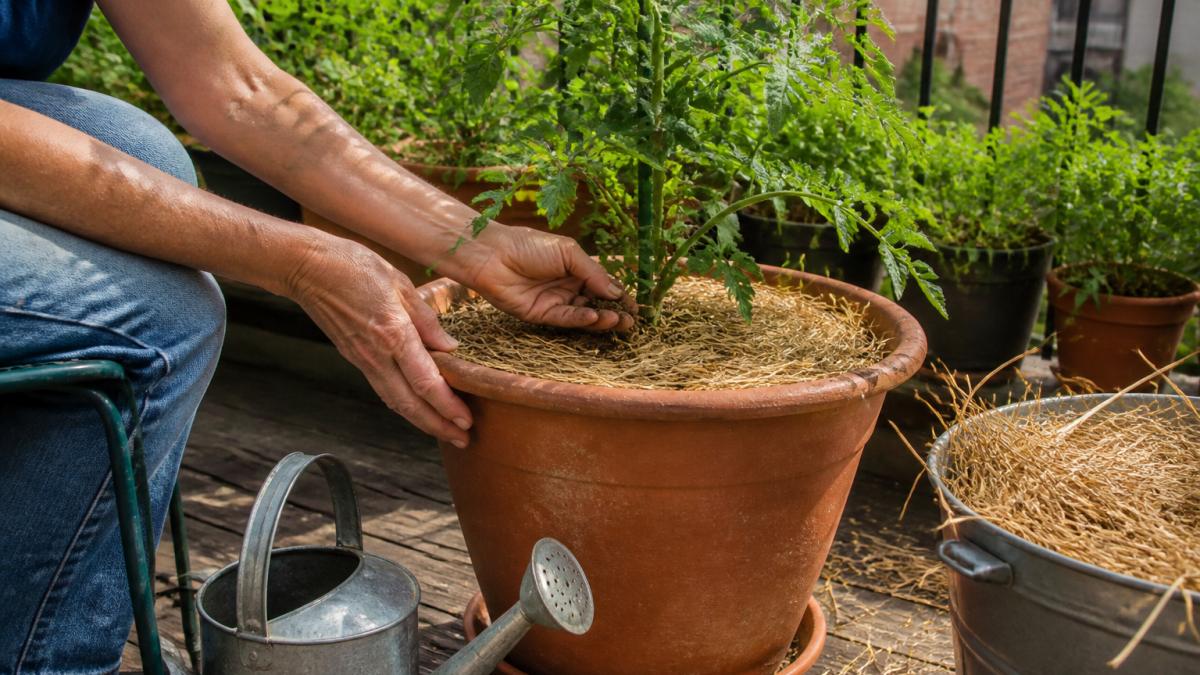 Close-up of a gardener's hands checking soil moisture in a large terracotta pot holding a compact tomato plant on a sunny Southern back porch, with a watering can and straw mulch visible nearby