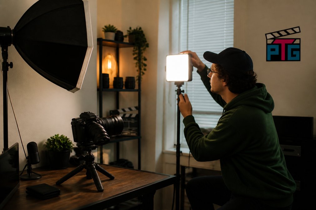 A content creator adjusting a compact LED panel light on a small tripod in a tight home studio corner, with a camera on a desk and softbox positioned nearby, warm practical lighting in the background