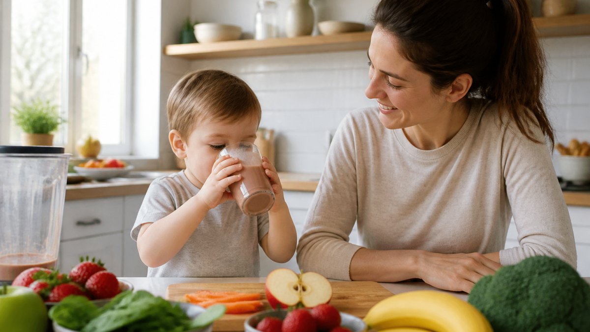 Parent smiling as their toddler drinks a nutritious smoothie in a bright kitchen with fresh produce nearby.