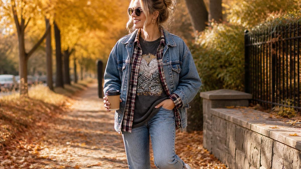 Person wearing a layered graphic tee, denim jacket, and flannel shirt amidst autumn foliage in a park.