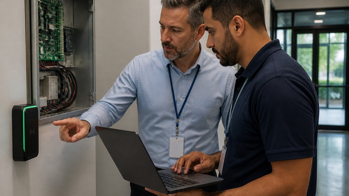 A facility manager and a security technician reviewing an access control panel and credential reader in a commercial building hallway, with a laptop open showing system settings