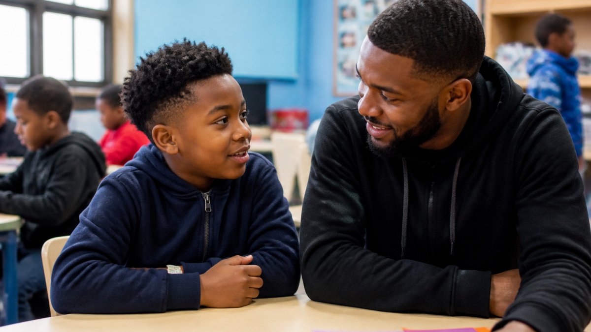 A young boy engaged in conversation with an adult mentor in a structured program setting, both smiling and leaning toward each other in a moment of genuine connection, with other children visible in a bright, organized space in the background