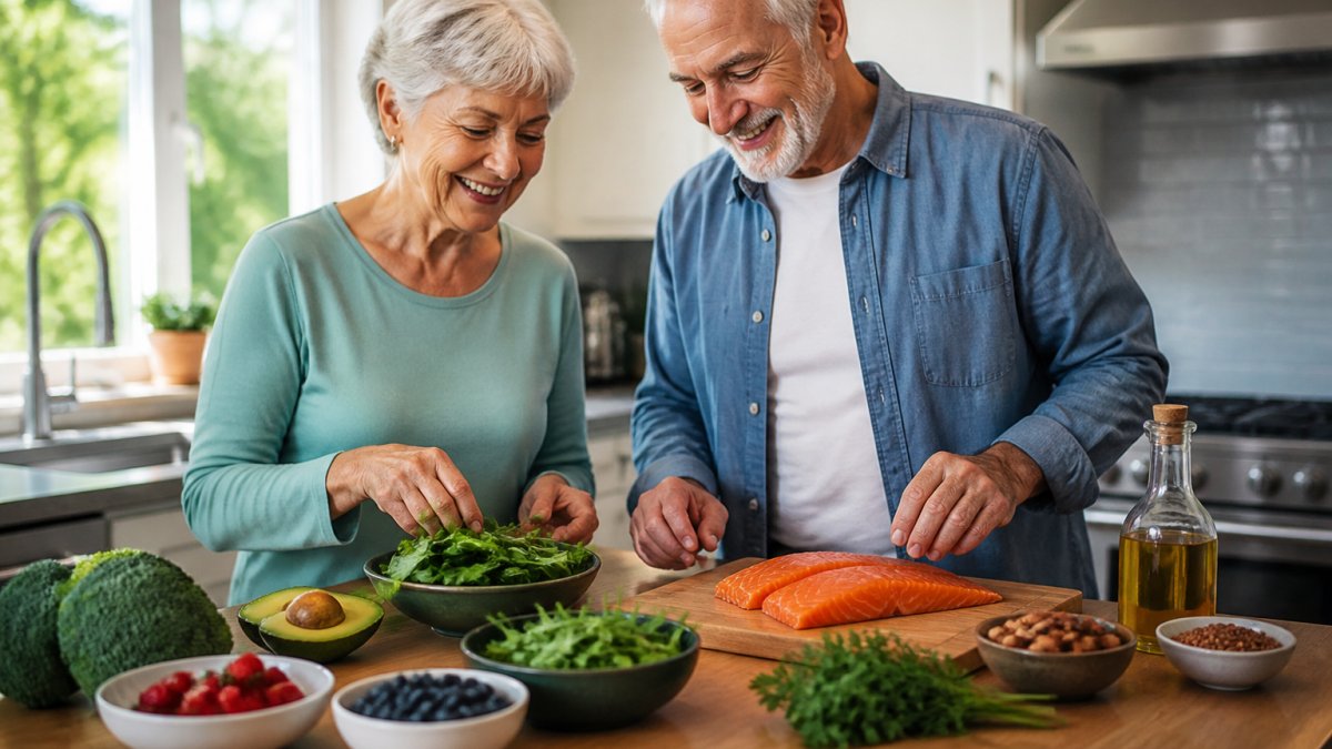 An older couple in a bright home kitchen arranging fresh salmon, leafy greens, berries, and olive oil on a wooden counter, smiling as they prepare a meal together