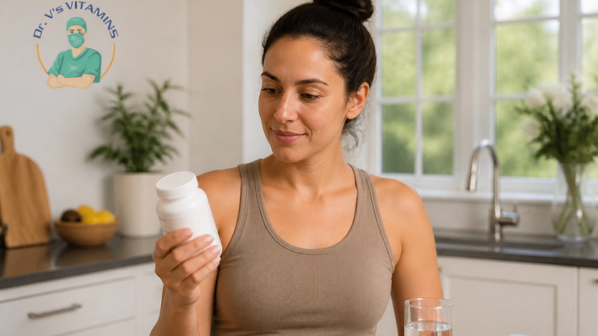 Woman holding a bottle of bariatric multivitamin supplements in a bright, modern kitchen with natural light streaming through windows