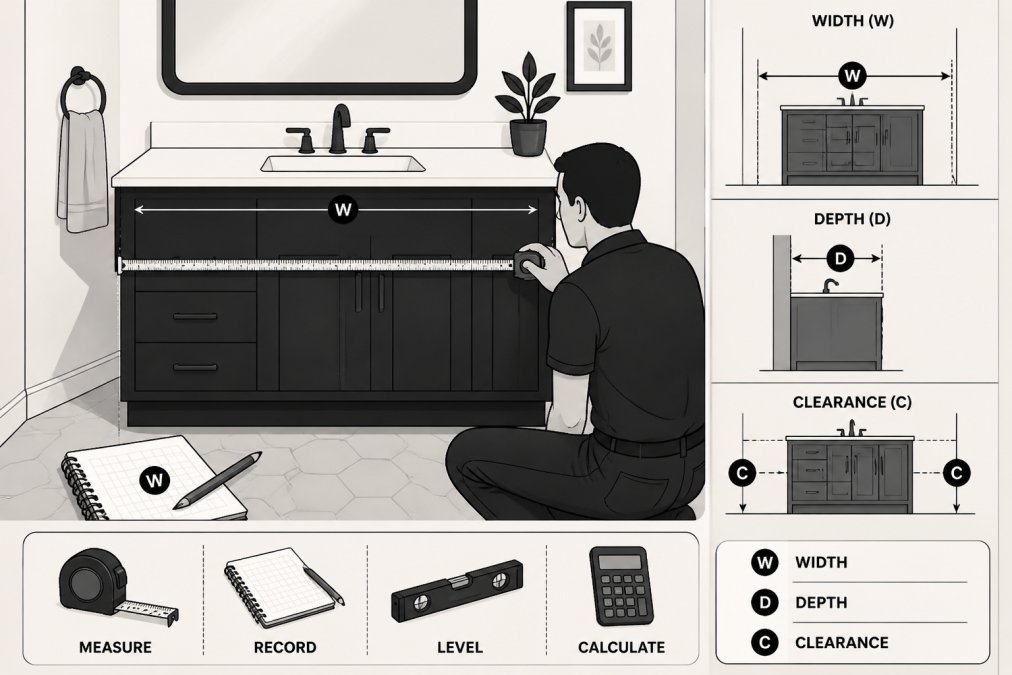 Homeowner using a measuring tape to measure bathroom vanity space, showing tape measure stretched across vanity width with notebook and pencil nearby for recording dimensions