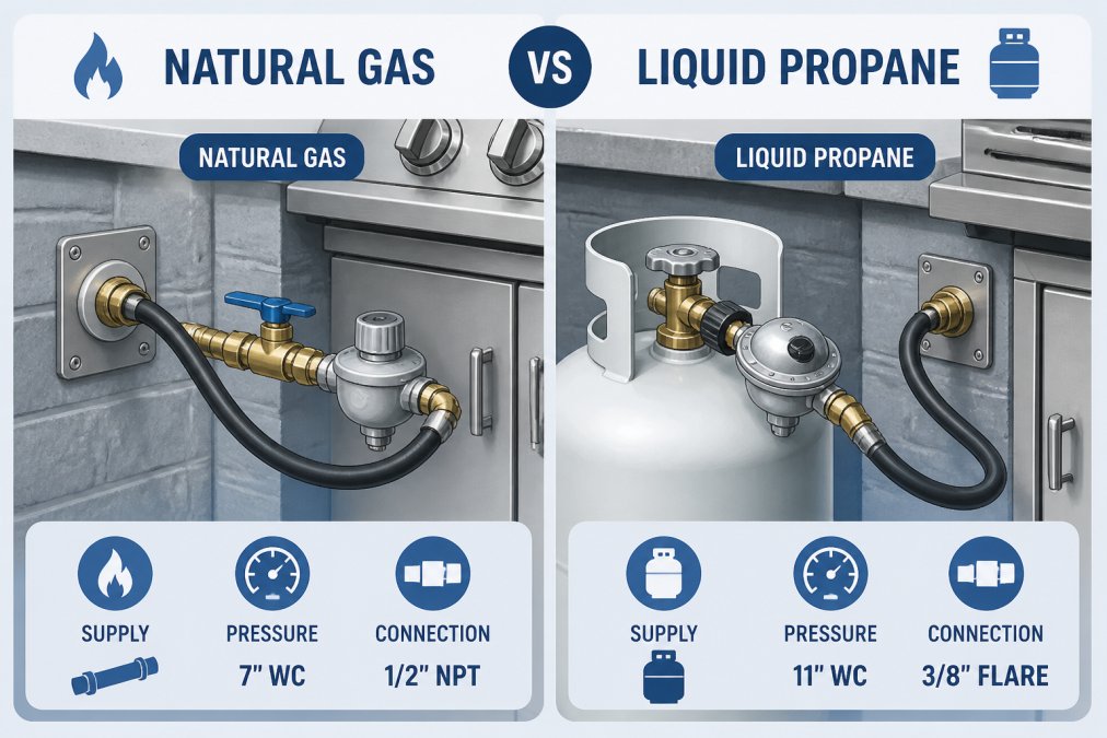 Close-up of propane tank and natural gas line connection at an outdoor kitchen setup, showing both fuel source options side by side with brass fittings and regulators